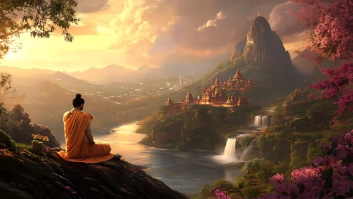 Solitary monk listens to a golden valley breathe at dusk