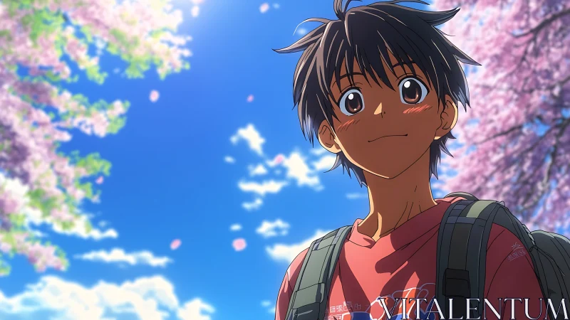 Anime boy under cherry blossoms with backpack, warm daylight
