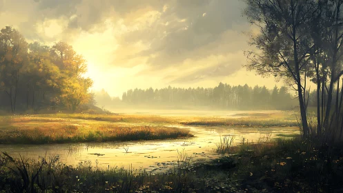 Golden sunrise over misty wetland forest clearing.