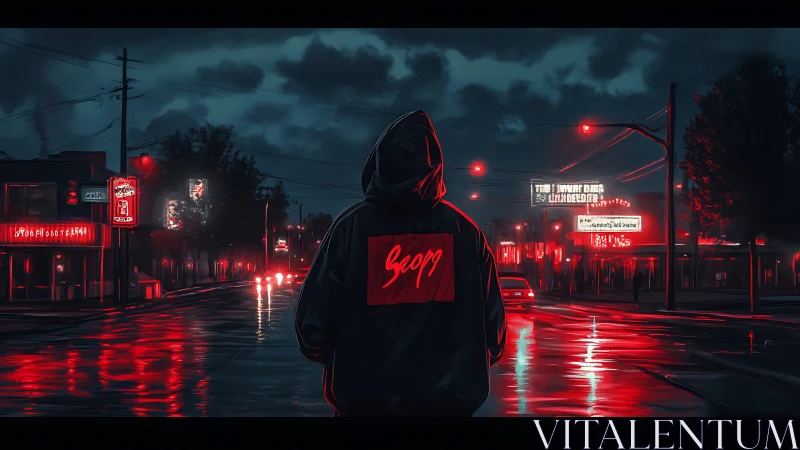 Hooded figure in neon red-lit rainy urban street at night