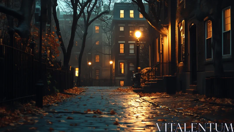 Lamp-lit autumn alley whispers through rainy city dusk.