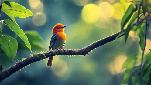 Vibrant orange and blue bird on mossy branch in dreamy forest light.