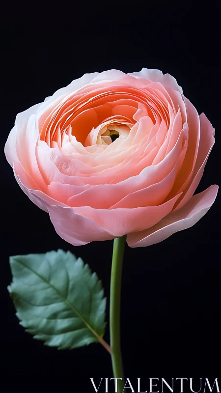 Soft pink ranunculus macro against deep black background.