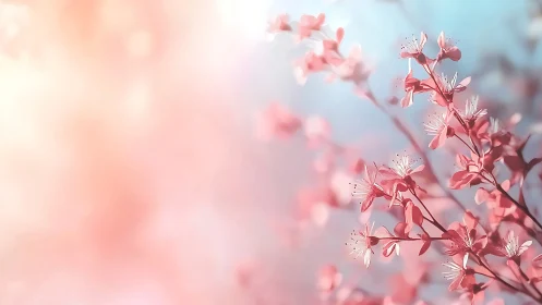 Pink flowering branches illuminated against soft bokeh sky