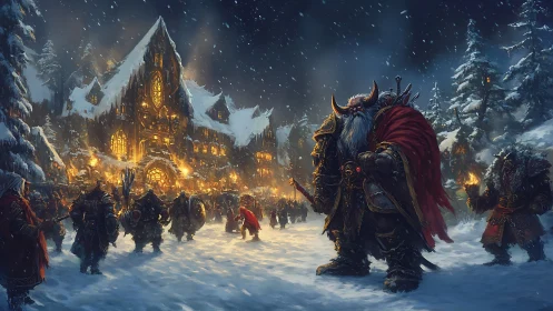 Armored warlord leads winter procession toward torchlit hall
