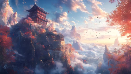 Mountain-temple city crowns misty valley in sunrise glow.