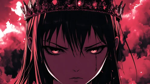 Crowned anime monarch with tear streak under high contrast red lighting