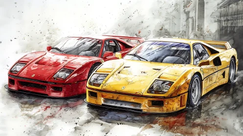 Red and yellow sports cars rendered in loose watercolor style.