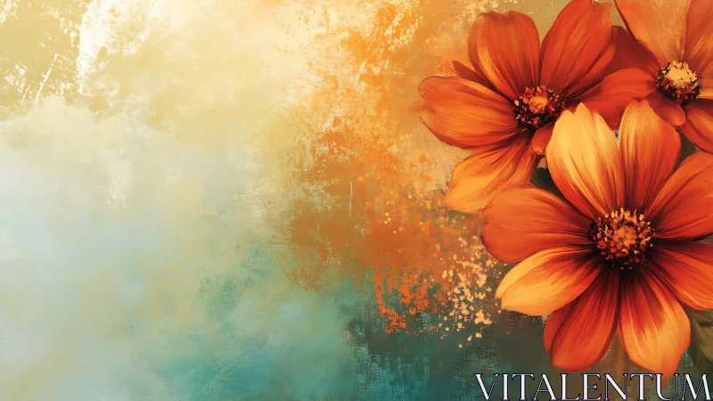 Red Cosmos Flowers on Watercolor Gradient Background.