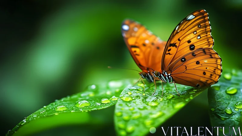 Tender moment between two butterflies on dewy leaves.