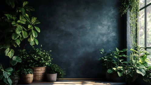 Sunlit urban jungle curling softly around a moody wall.