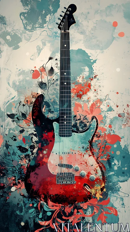 Electric guitar rendered with layered floral abstractions