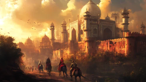 Riders approach sunlit Mughal palace under glowing sky