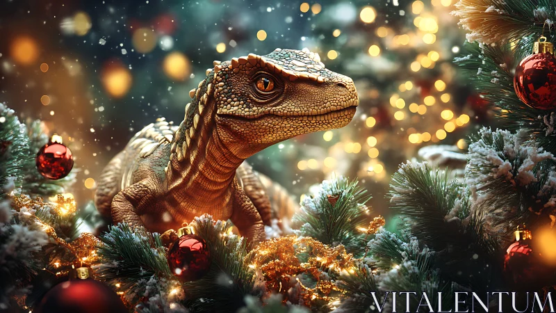 Curious baby dinosaur enjoys a magical festive Christmas scene