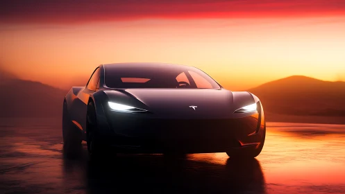 Low-slung electric coupe under chromatic gradient sunset sky.