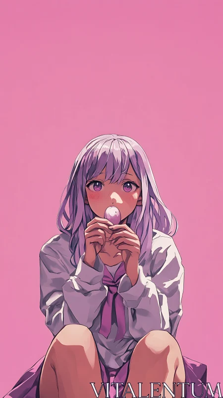Anime girl with lollipop against flat pink background.
