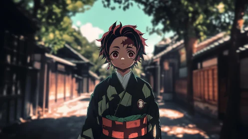 Anime boy in traditional clothing on sunlit street.