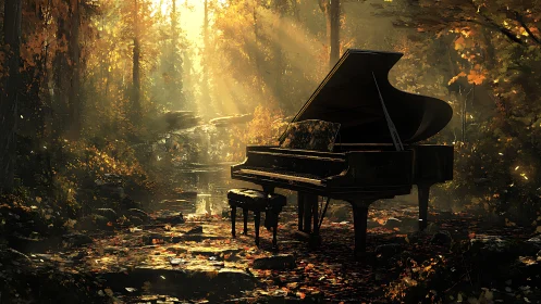 Grand piano stands in sunlit autumn forest clearing