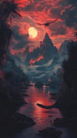 Dragon over volcanic mountains and river under red sky.