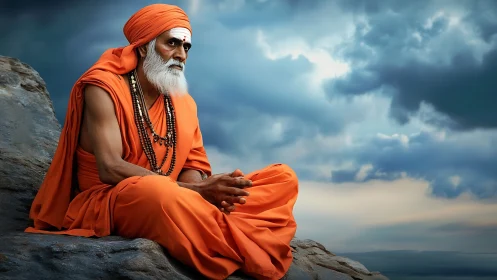 Solitary orange-robed sage sits on rocky ledge under storm clouds