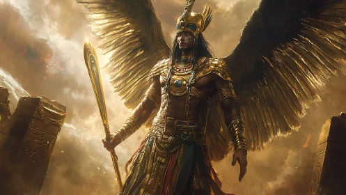 Winged figure in ornate Egyptian armor holding golden staff.
