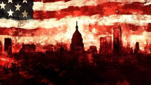 Distressed US flag engulfs dramatic red city skyline silhouette