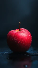 High-contrast macro of dewy red apple on dark wet surface