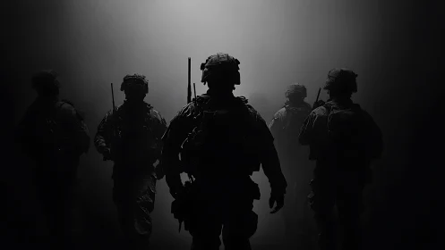 Silhouetted tactical infantry squad advancing into dense fog