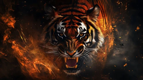 Tiger head emerging from swirling fire and dark smoke.