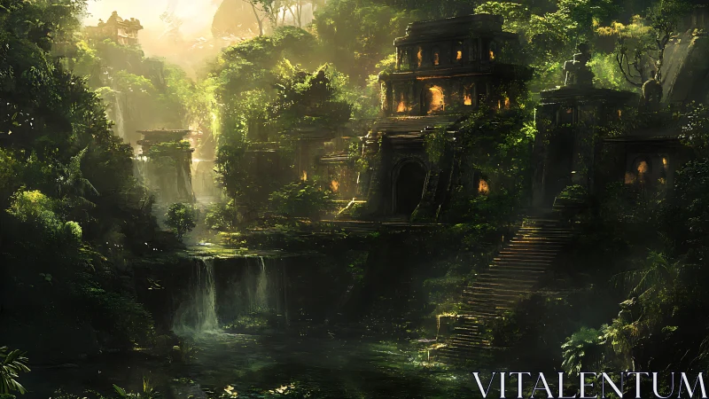 Sunlit jungle temples rise over misted emerald waterfalls.
