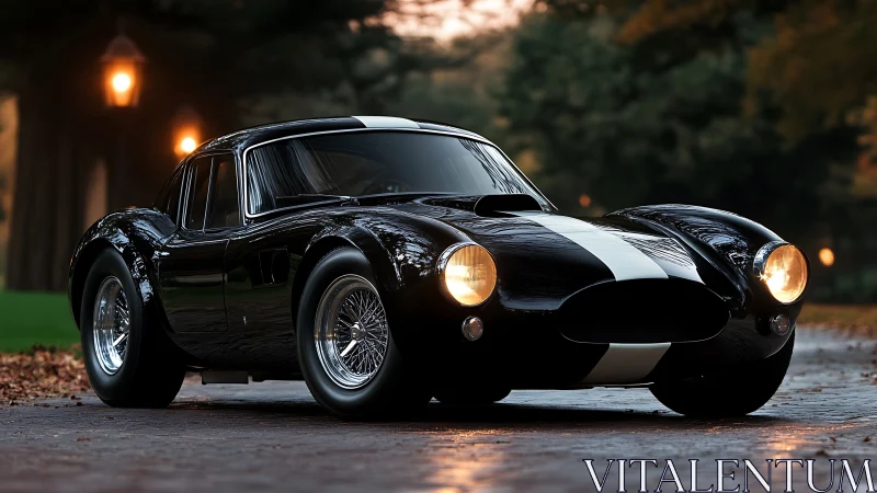 Timeless black sports car glowing in a peaceful evening drive.