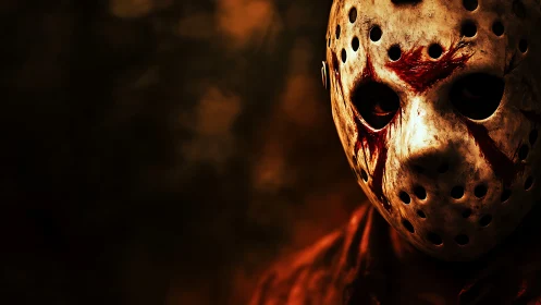 Hockey mask killer in bloodstained horror close-up portrait.