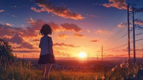 Quiet hillside sunset with a thoughtful girl and soft skies.