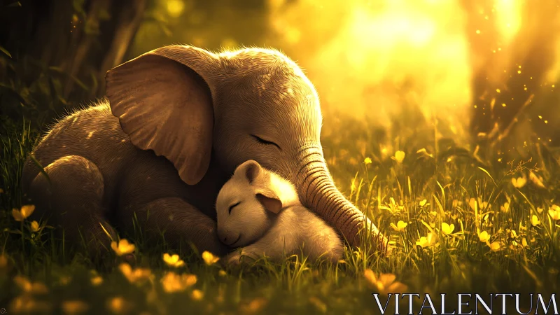 Baby elephant and lamb share a golden meadow sunset embrace