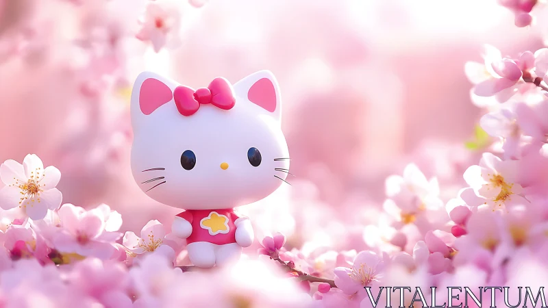 Cat figurine stands amid dense pink cherry blossoms