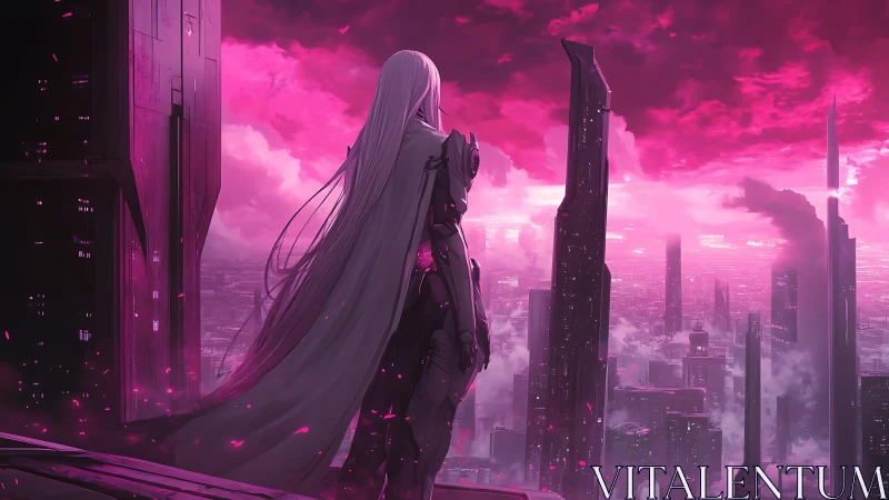 Armored figure surveys neon magenta dystopian skyline panorama