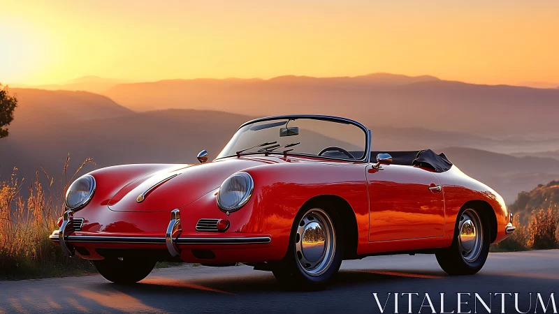 Classic red convertible basks in mountain sunset glow.