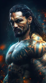 Tattooed muscular male figure in dramatic side profile view.