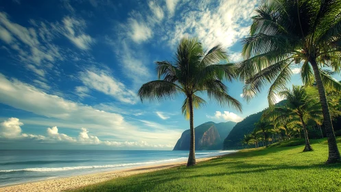 Tropical shoreline curves beneath bright palm silhouettes.