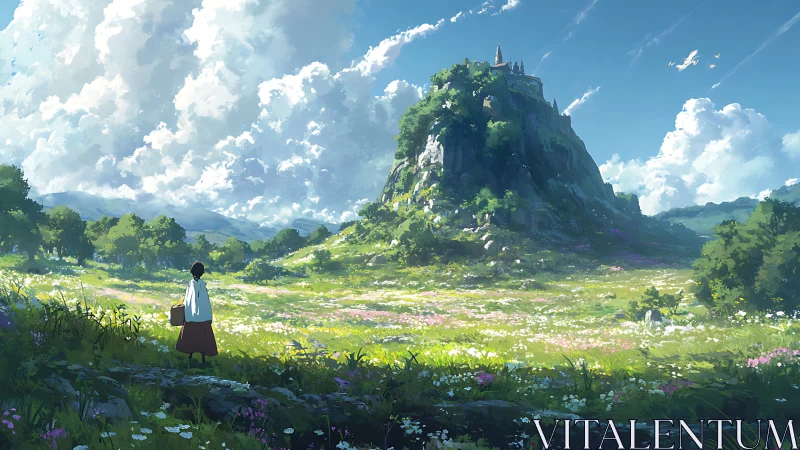 Anime pastoral landscape with hilltop castle and lone traveler.