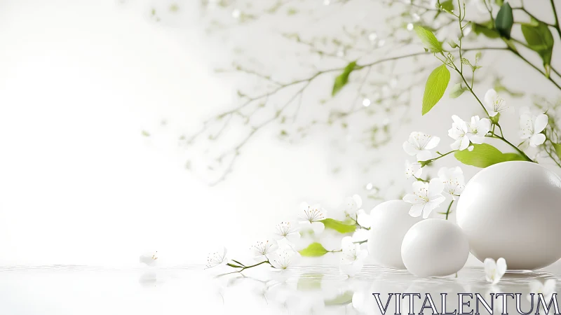 White ceramic spheres with delicate white blossom branches