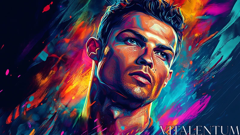 Neon-lit male portrait with dynamic multicolor brushstroke aura