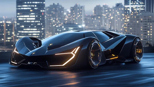 Futuristic hypercar glows against a neon urban skyline at night.