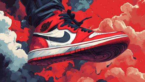 Sky-striding sneaker hero over storm-tossed crimson clouds.