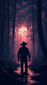 Silhouetted ranger studies neon dusk glow through dense forest