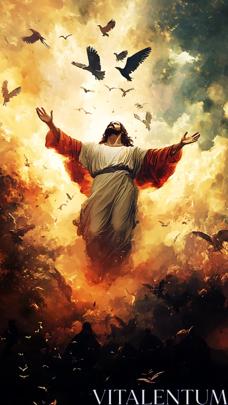 Radiant ascension through clouds and circling birds of light.