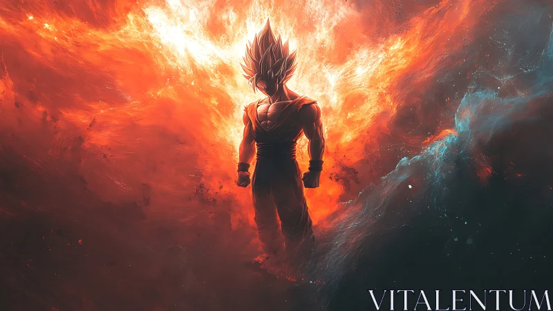 Celestial warrior silhouette commands eruptive cosmic energy field