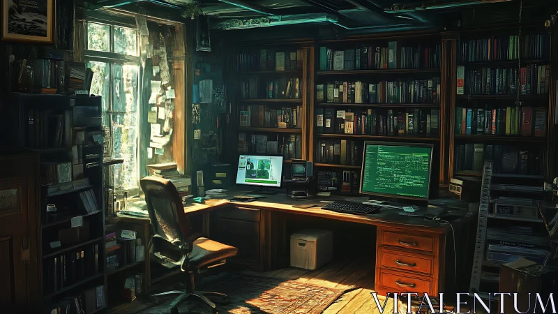 Sunlit hacker&rsquo;s library office with dual glowing monitors.