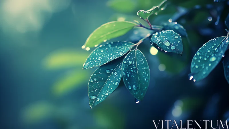 Morning rain dew glistens on emerald leaves in soft light