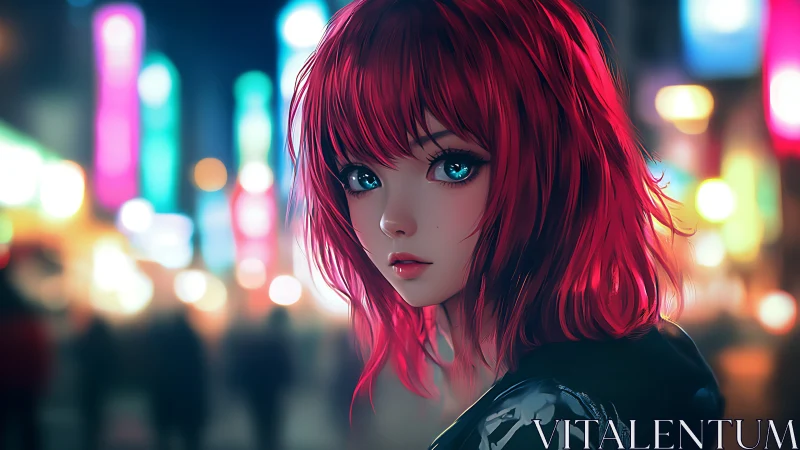 Red-haired anime girl stands in soft-focused urban nightscape